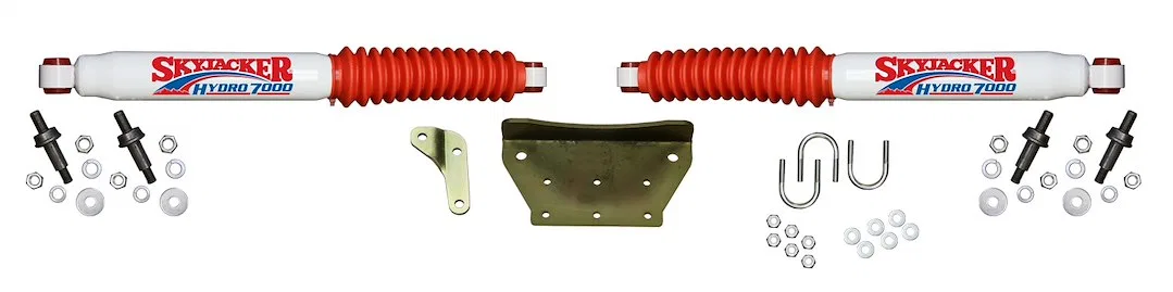 7299 – SKYJACKER Steering Stabilizer, Dual White With Red Shock Boot With Brackets Set Of 2